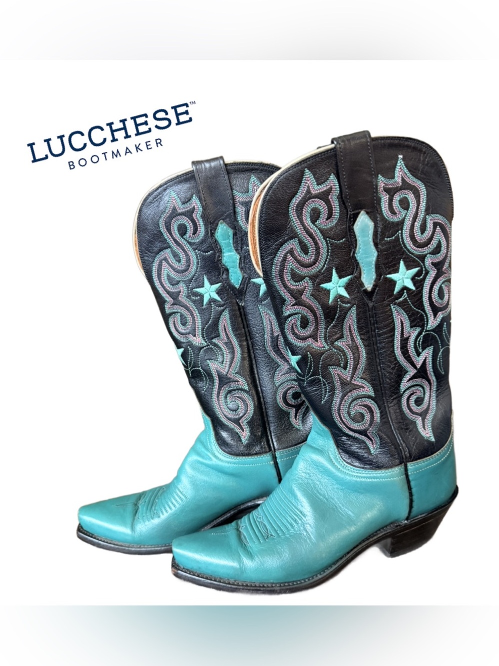 Lucchese 1883 Turquoise & Black Embroidered Leather Western Boots